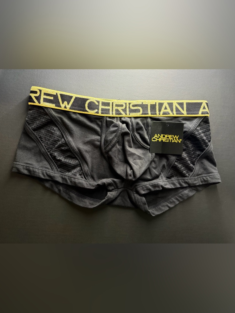 Andrew Christian Mesh Panel Trunks with almost naked tech medium black with gold